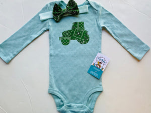 9M Long Sleeve Tractor Onesie with Headband & Bow